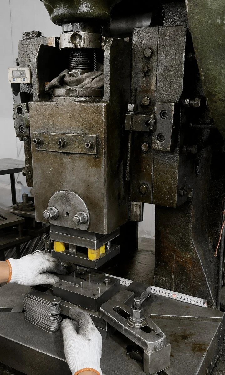 Punch press operation for metal brackets and mounting plates