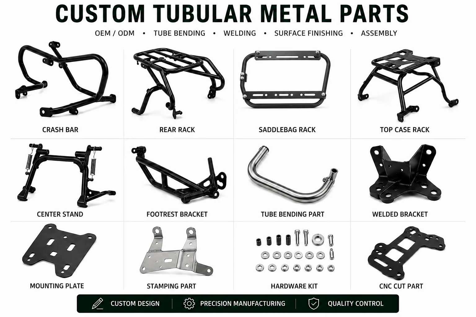 Custom tubular metal parts, brackets, plates and hardware kit examples