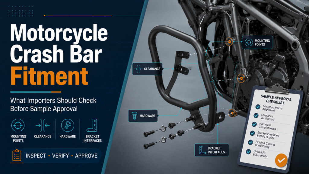 Illustration showing motorcycle crash bar installation with bolts loosened on both sides to keep mounting holes aligned