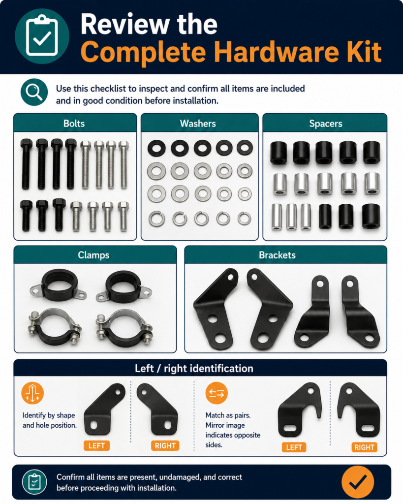 Illustration of a complete motorcycle crash bar hardware kit with bolts, washers, spacers, clamps and left-right brackets