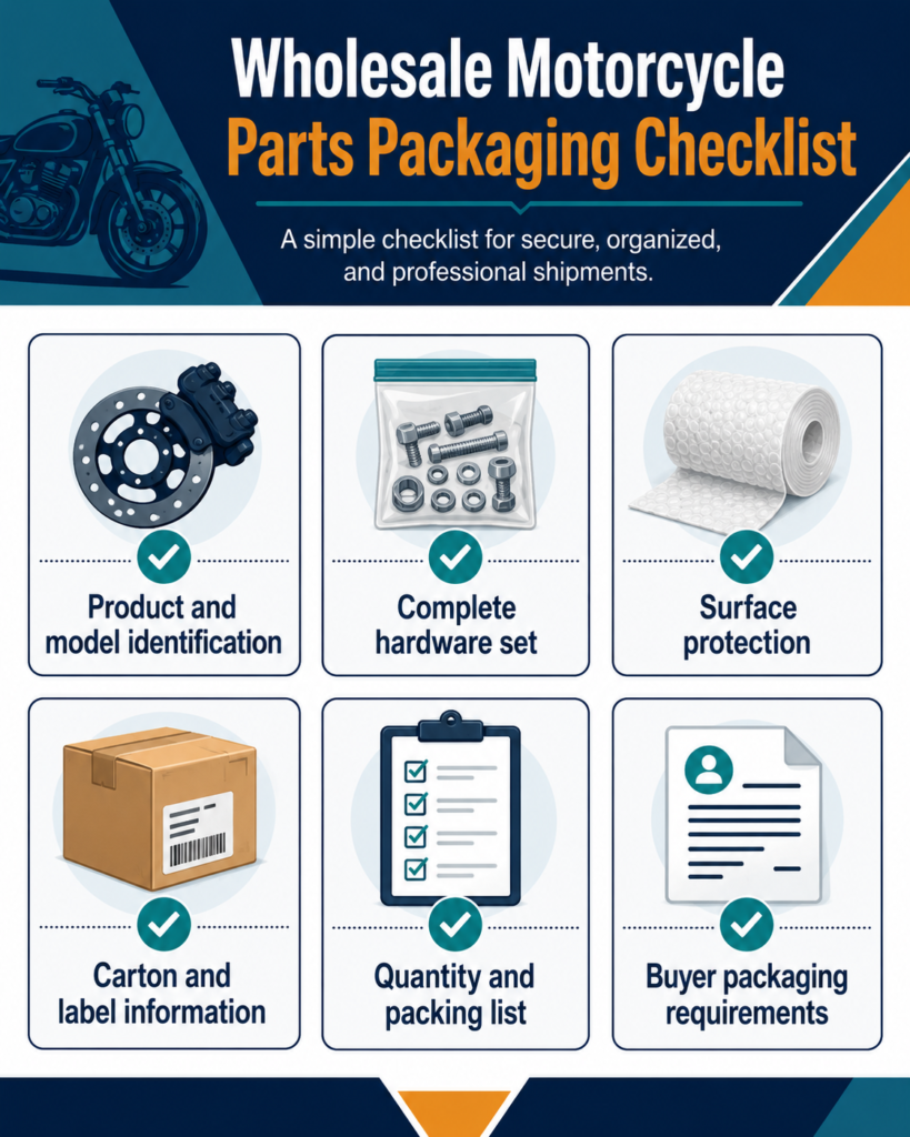 Confirm product labels, hardware, surface protection, carton marks and packing references before shipping wholesale motorcycle parts.