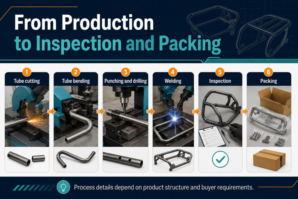 Illustration of tubular metal parts production, inspection and packing process