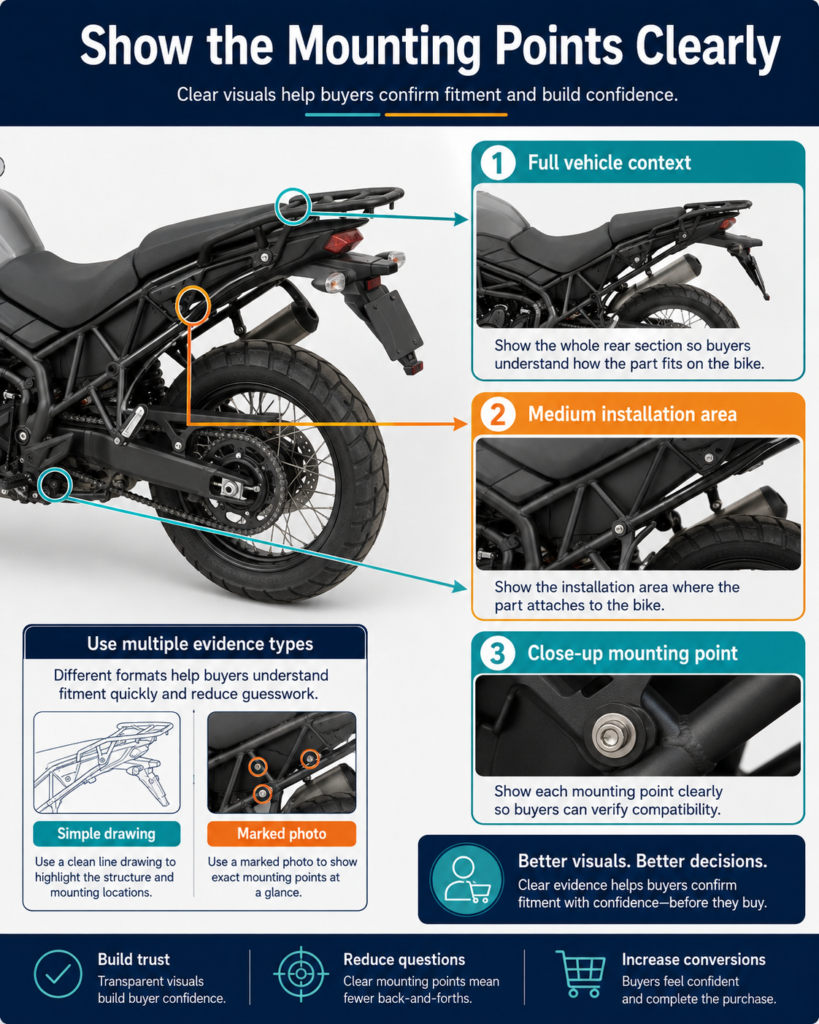 Original motorcycle rear section and rear rack mounting points with a dimensional reference