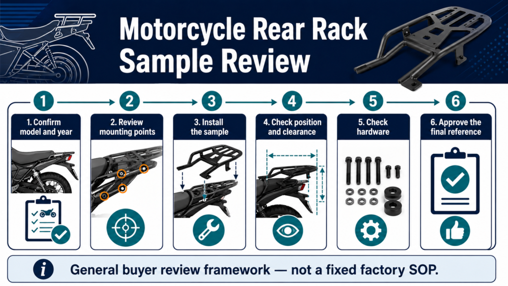 Finished motorcycle rear rack shown from the side and rear with seat and body-panel clearance