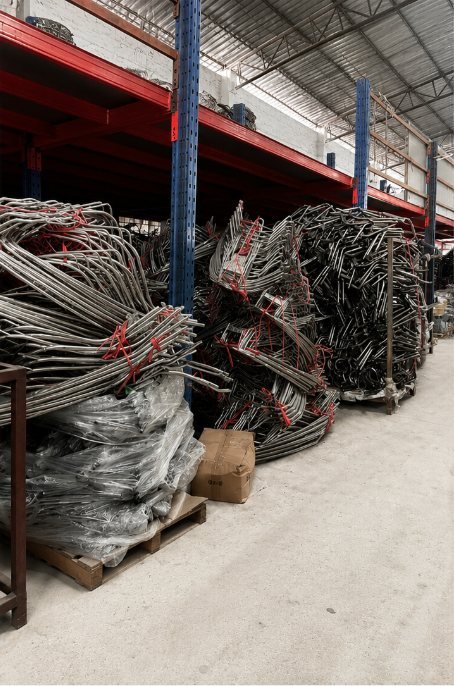 Finished tubular metal racks stored before packing