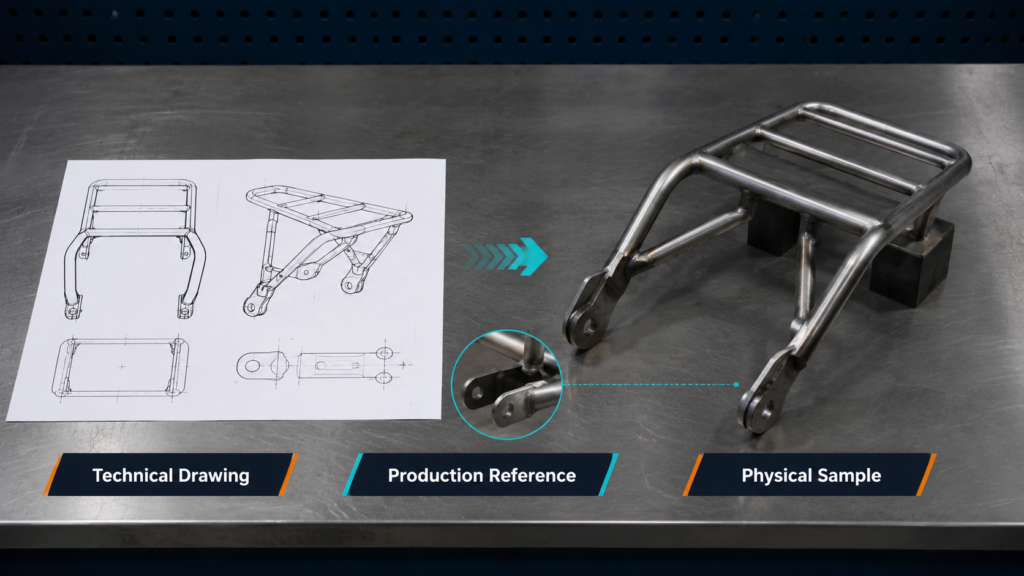 Technical drawing and physical sample for tubular motorcycle parts development
