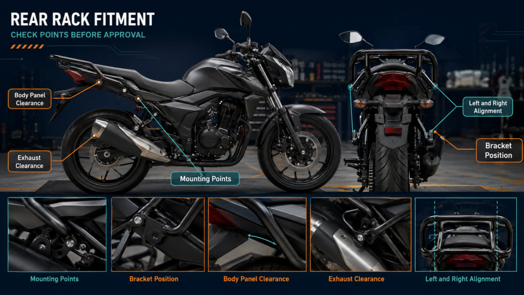 Motorcycle mounting-point and clearance review for a tubular rear rack