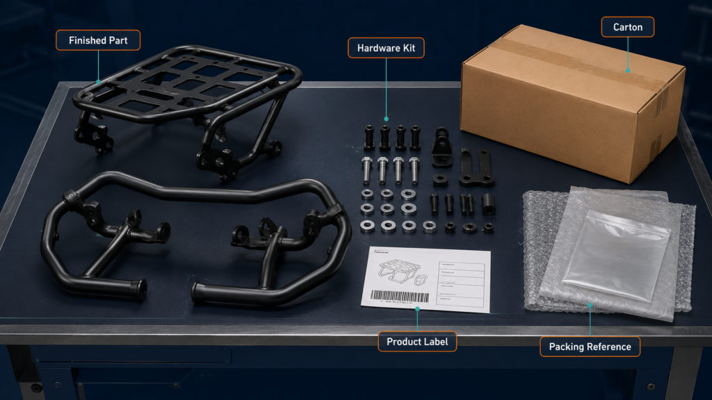 Hardware kit, product label and carton reference for tubular motorcycle parts