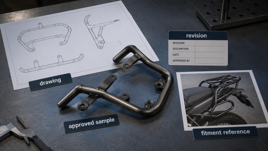 AI-generated illustration of a drawing, approved sample and revision reference for motorcycle parts production