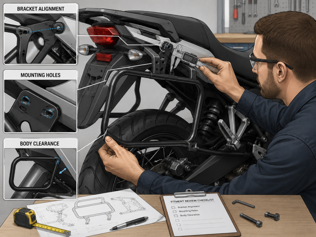 AI-generated illustration of motorcycle parts fitment review showing bracket alignment, mounting holes and body clearance