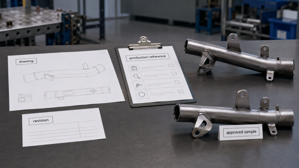 Illustration of motorcycle parts drawing, approved sample, production reference and revision record