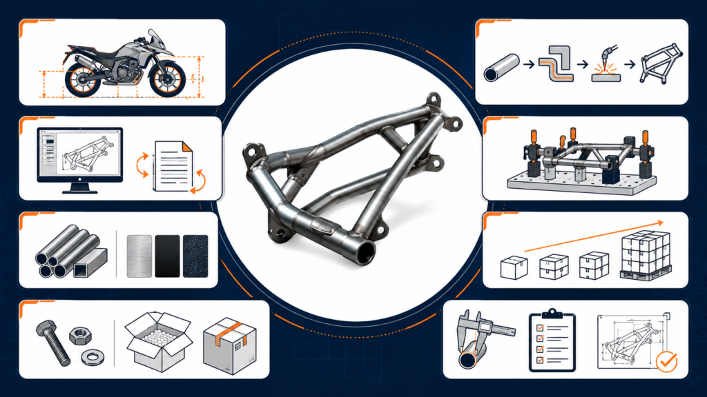 Infographic showing eight factors that affect a custom motorcycle parts factory quote, including fitment, drawings, tooling, materials, quantity, packaging and inspection