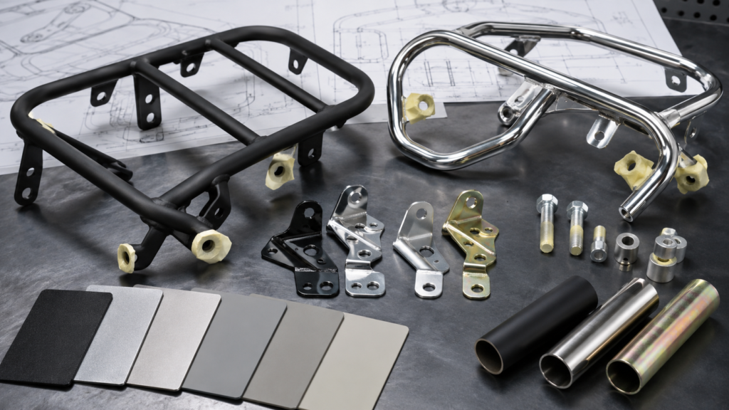 Illustration of motorcycle parts with powder-coated, polished and plated surface finish options