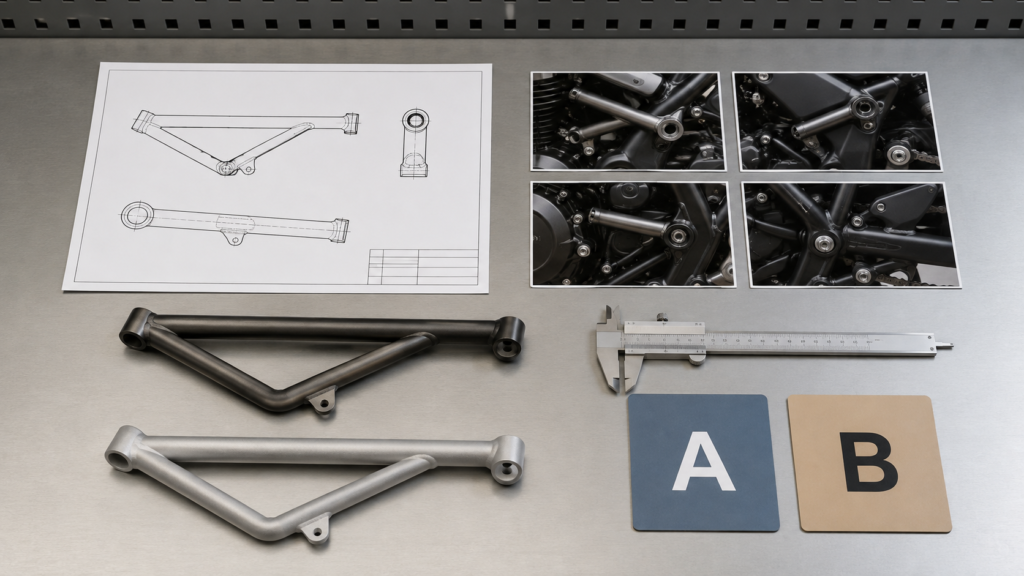 Motorcycle parts quote comparison references with drawings, sample photos, mounting points and measurement tools