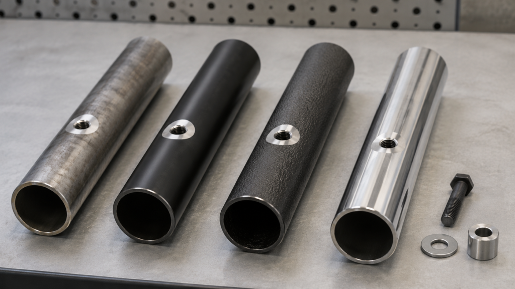 Motorcycle steel tube finish comparison with raw steel, matte black coating, textured coating and polished metal samples