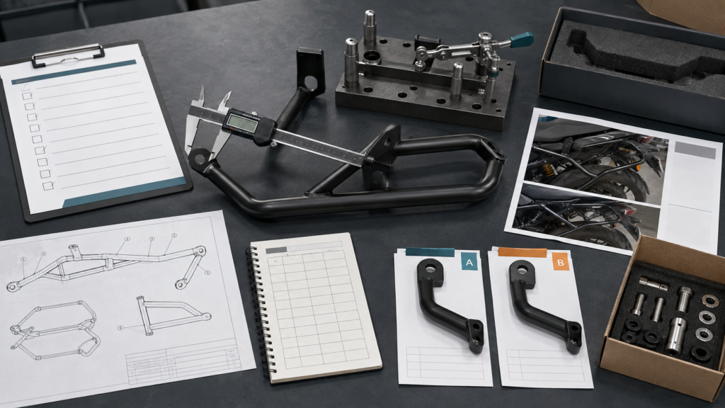 Motorcycle parts inspection and quote approval setup with drawing, fixture, caliper, checklist and packing hardware