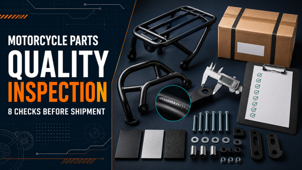 Motorcycle parts quality inspection checklist showing fitment, weld, finish, hardware and packaging checks