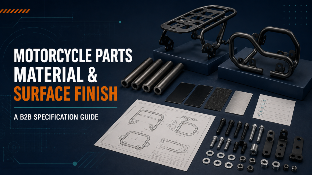 Motorcycle parts material and surface finish samples with tubular parts, raw tubes, hardware and technical drawing