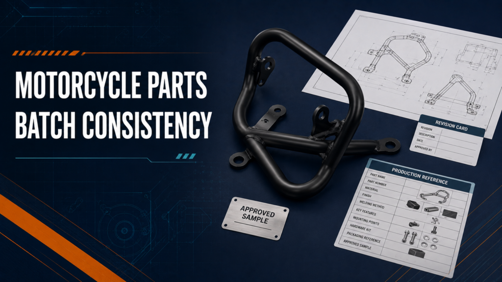 Illustrated motorcycle parts production reference with approved sample, technical drawing and revision card