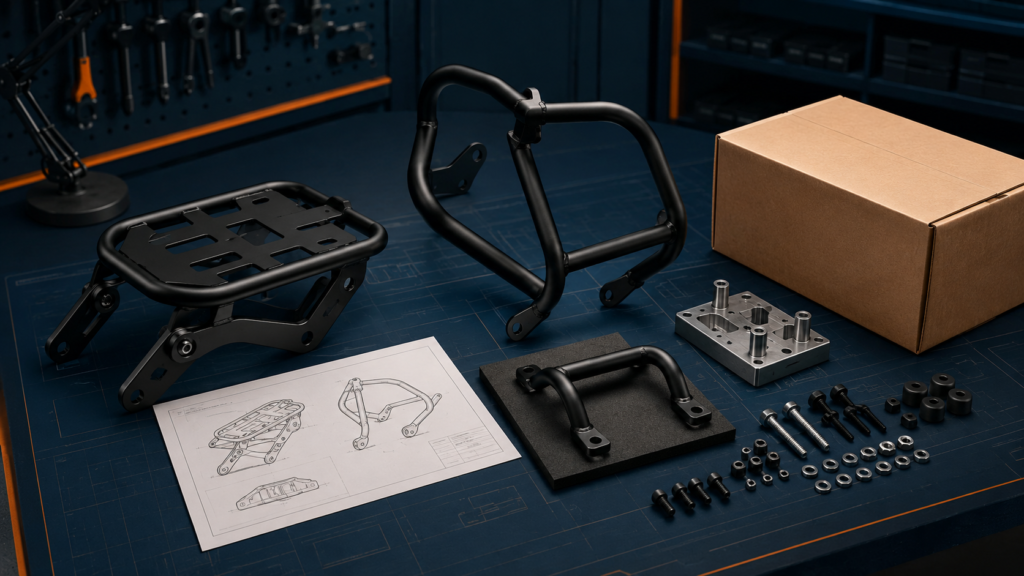 Editorial illustration of custom motorcycle parts quote factors with motorcycle racks, crash bars, tooling, hardware and packaging