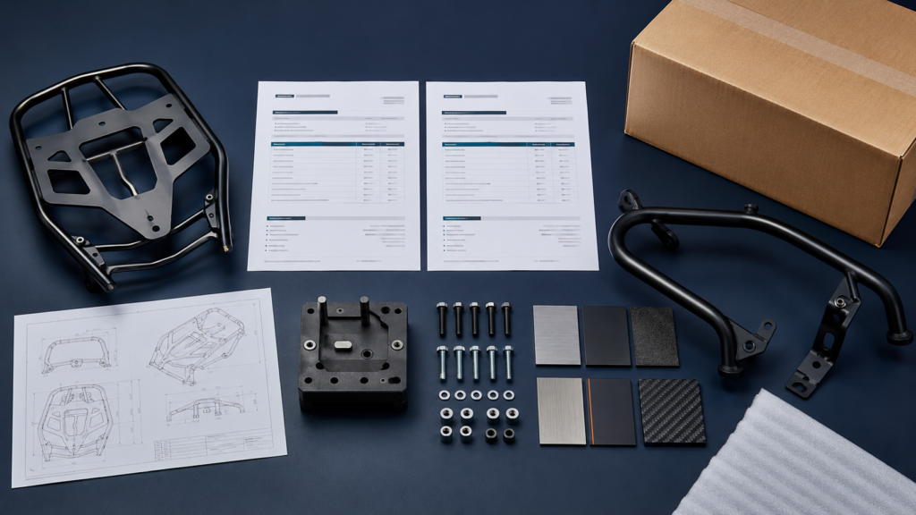 Illustration of motorcycle parts factory quote comparison with drawings, tooling, hardware, finish samples and packaging