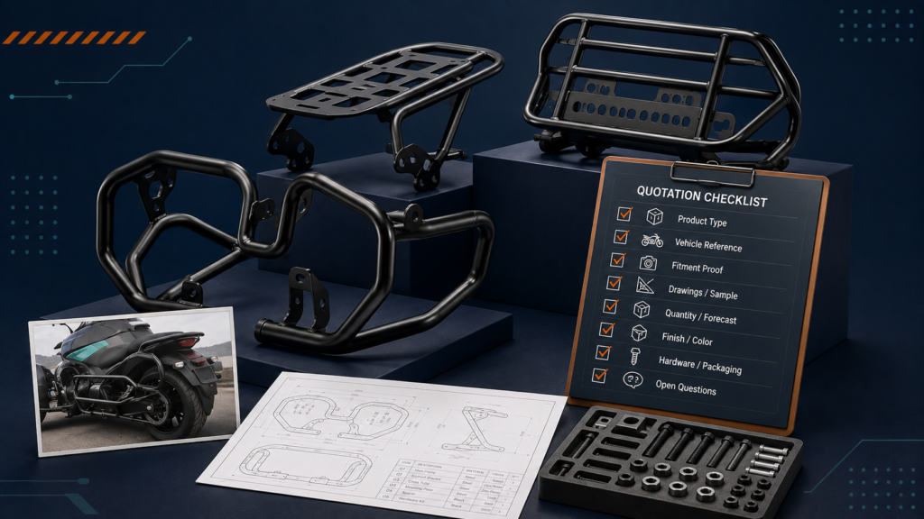 Motorcycle parts quote checklist with rear racks, crash bars, technical drawing and hardware