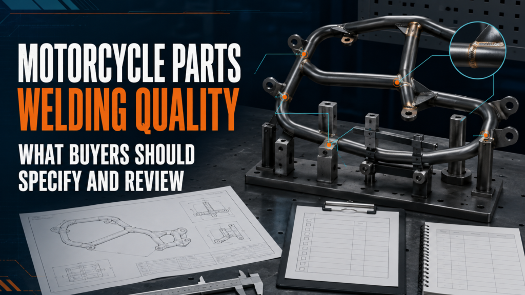 Motorcycle parts welding quality review illustration with tubular frames in a positioning fixture and highlighted welded joints