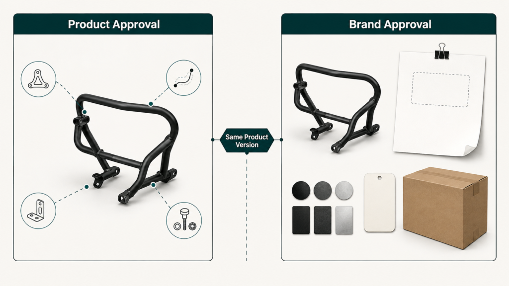 Product approval and brand approval compared for an OEM motorcycle part Editorial illustration separating product approval from brand approval.