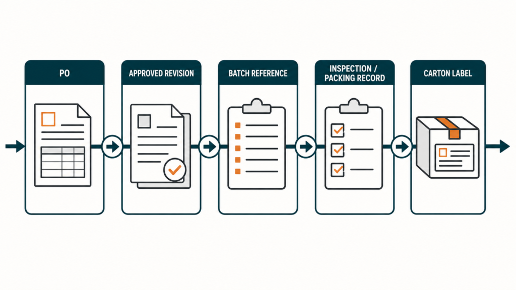 `Editorial example of records that buyers and suppliers may agree to connect; it is not an actual order record.` editorial flow showing a generic PO linked to an approved revision, batch reference, inspection or packing record and carton label.