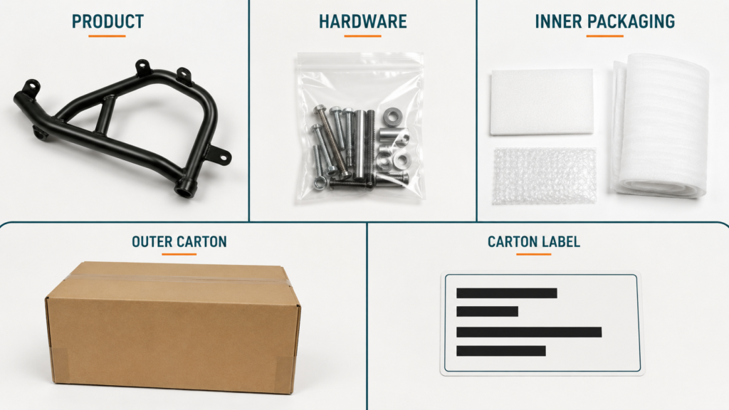 Motorcycle part, hardware, inner packaging, carton and redacted label preserved separately for review