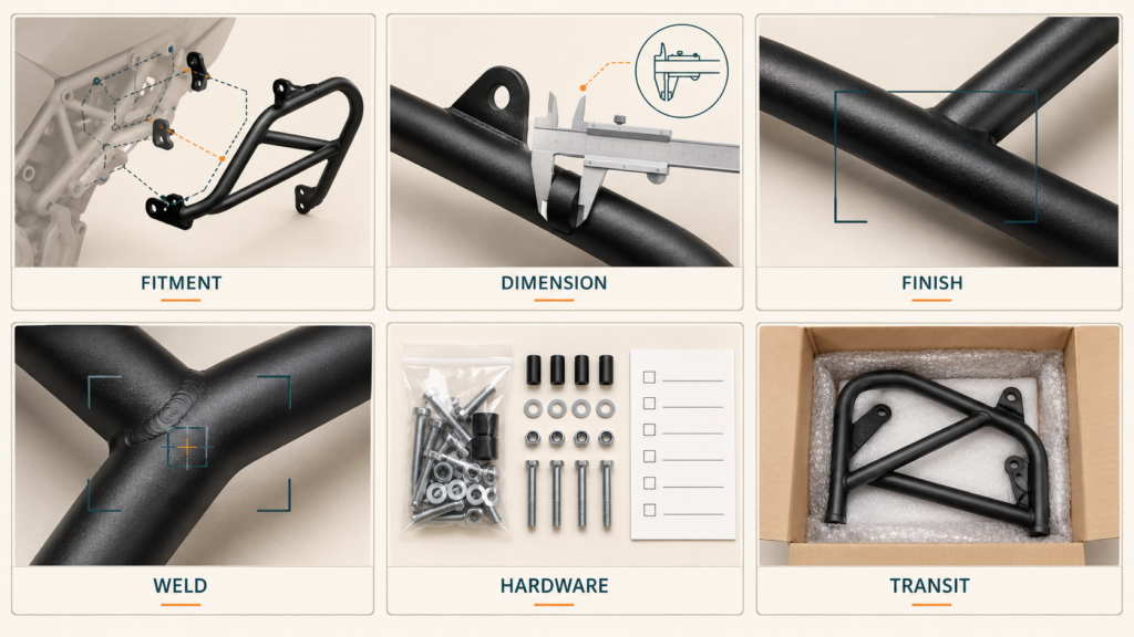 Evidence views for motorcycle parts fitment, dimensions, finish, welds, hardware and transit condition Different observations require different overview, detail, measurement, installation and packaging context.