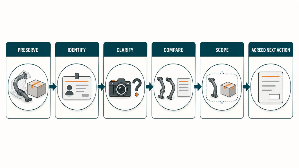 Editorial review path only; the required action depends on the evidence, contract and technical assessment. Motorcycle parts claim review path from preserving evidence to an agreed next action