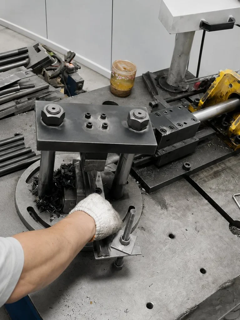 Workshop tooling and tubular metal components during manufacturing setup