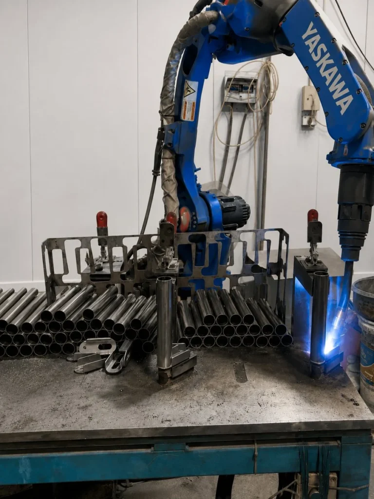 Robotic welding cell holding tubular motorcycle parts in a production fixture