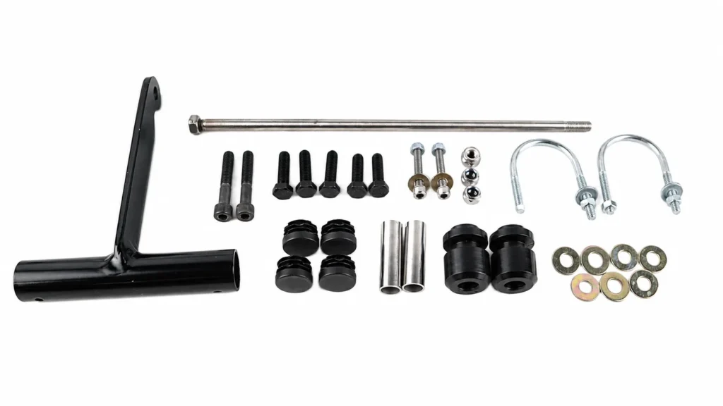 Motorcycle crash bar mounting hardware kit with bolts, washers, spacers and U-bolts