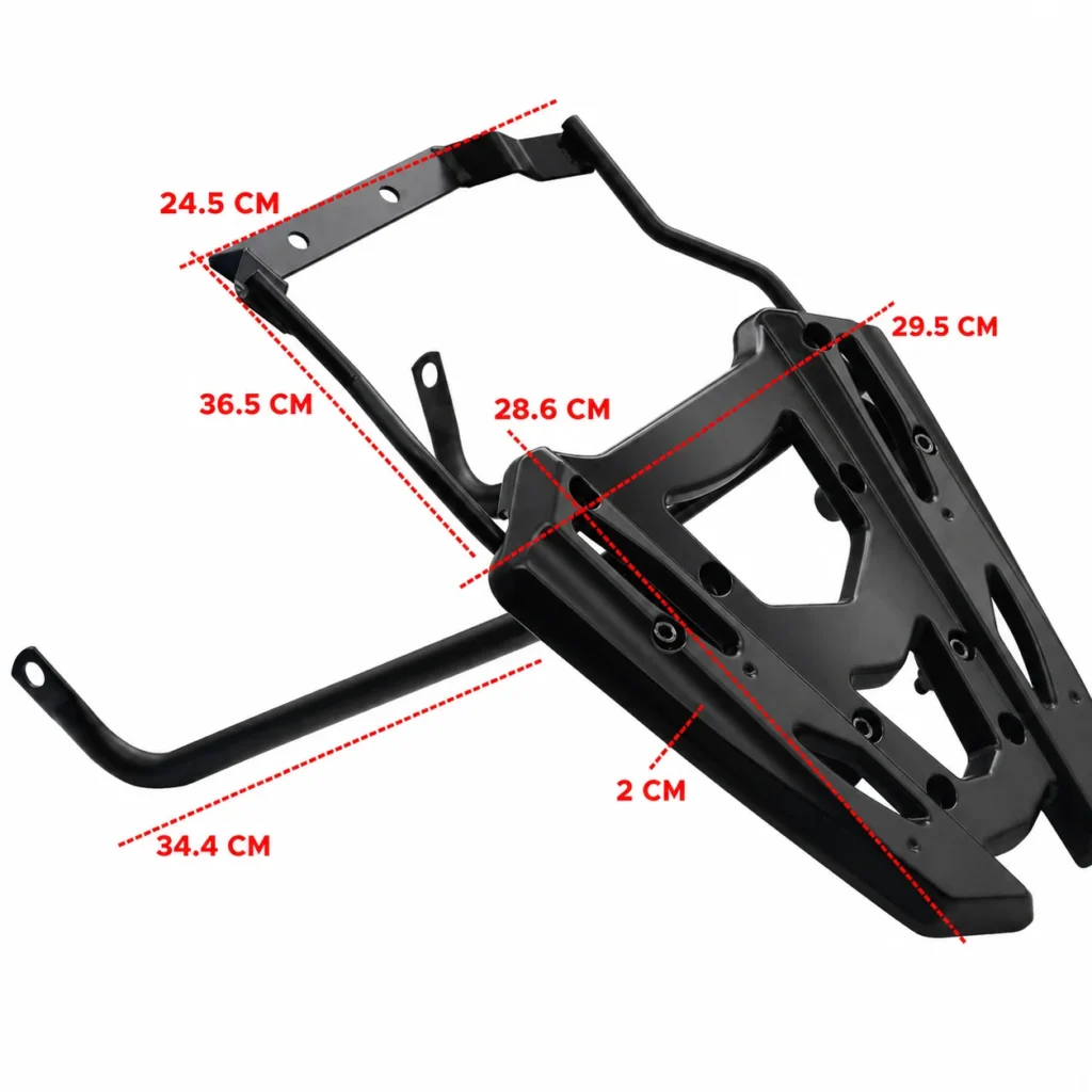 Motorcycle rear rack with model-specific dimensional annotations for inspection