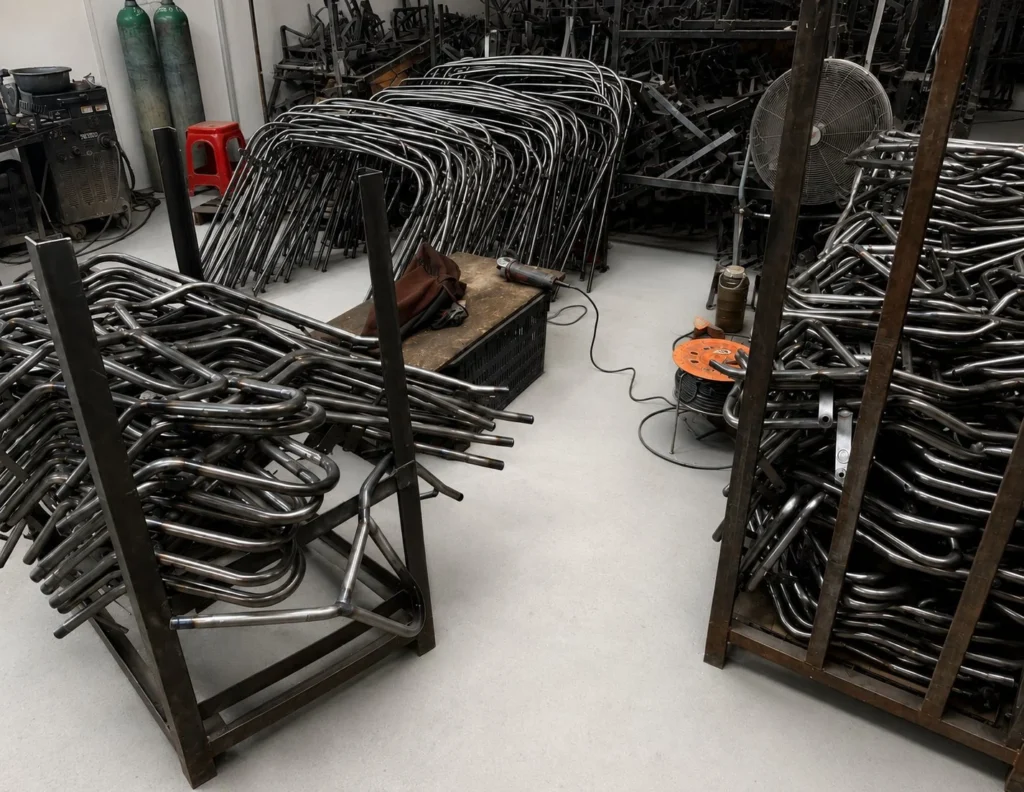 Tubular motorcycle parts in the workshop showing different structures and production scope