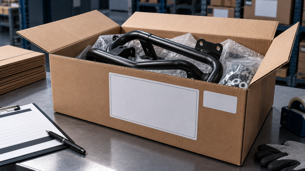 Open cardboard carton containing black motorcycle parts with blank identification labels on a warehouse inspection table.
