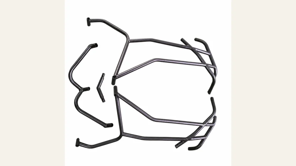 `Multiple tubular motorcycle metal components shown as one product identity example`