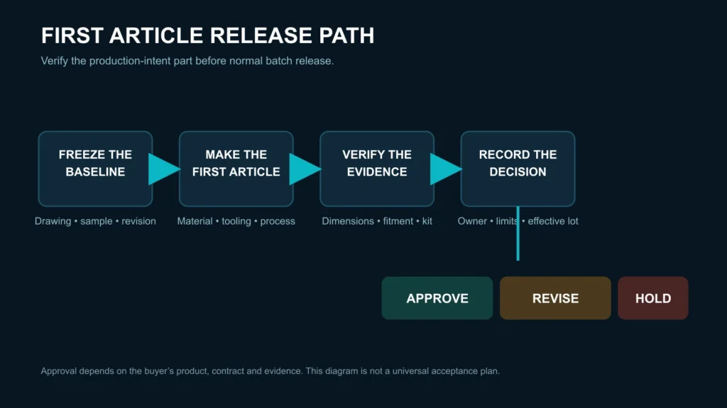 `First article decision path from reference review to approve, revise or hold before batch production` Release the batch only after open technical and configuration questions are resolved against the current reference.`