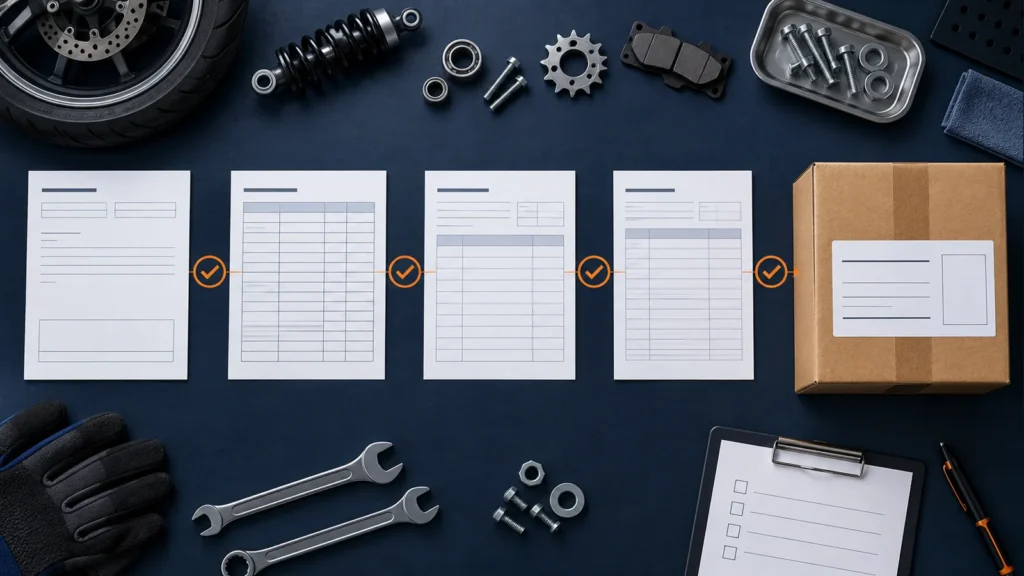 Comparison of a purchase order, BOM, invoice, packing list and carton marks