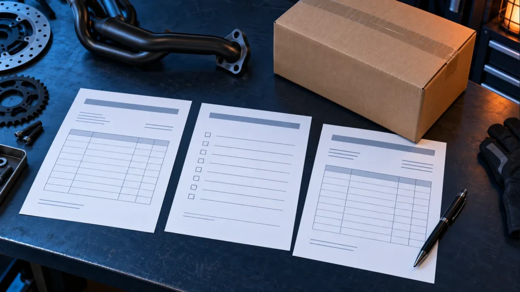 Motorcycle export invoices, packing lists and a shipping carton for document review