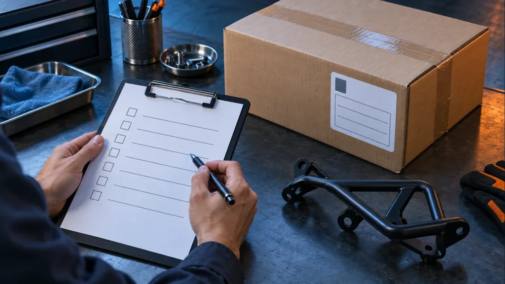 Pre-shipment approval of motorcycle parts export documents beside a sealed carton