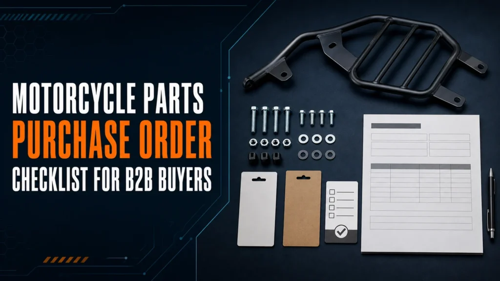 `Motorcycle parts catalog data checklist covering product identity, fitment, kit contents and packaging`