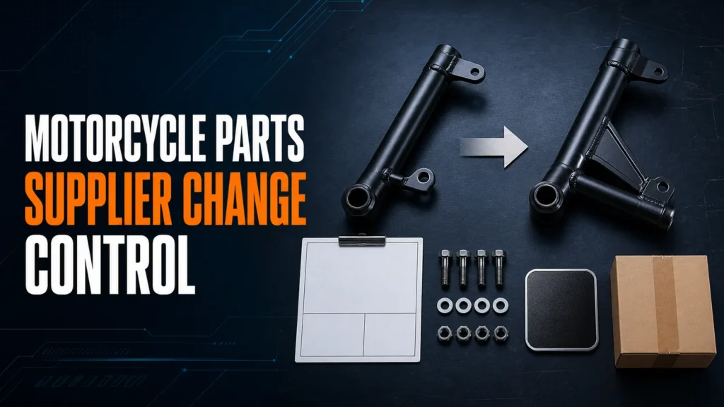 Use motorcycle parts supplier change control to review revised drawings, fixtures, finishes, hardware, packing and effective batches before release.