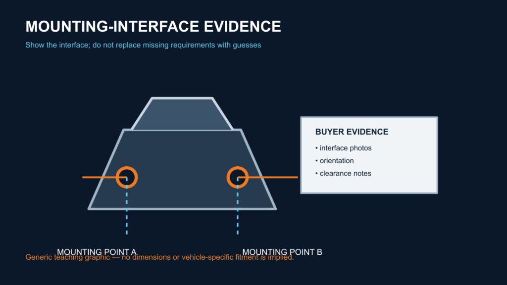 Interface photos and clearance notes support a drawing; they do not prove fitment alone.
