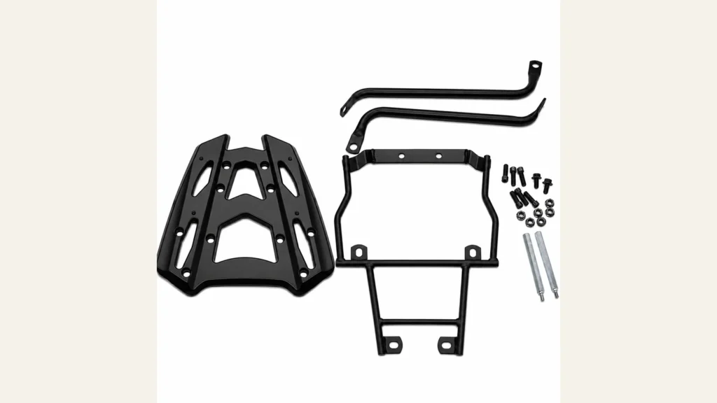 `Motorcycle rear rack components and hardware arranged as one order kit reference`