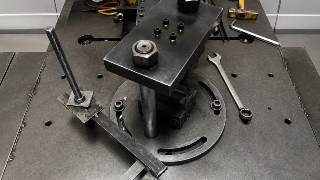 `Fixture positioning for motorcycle parts first article inspection` Fixture positioning can be reviewed for the hole position and symmetry required by the product reference; this photo is process context, not an order-specific FAI record.`
