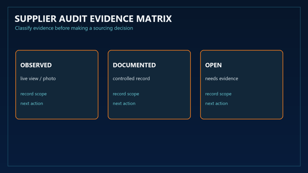 Supplier audit evidence matrix for motorcycle parts sourcing