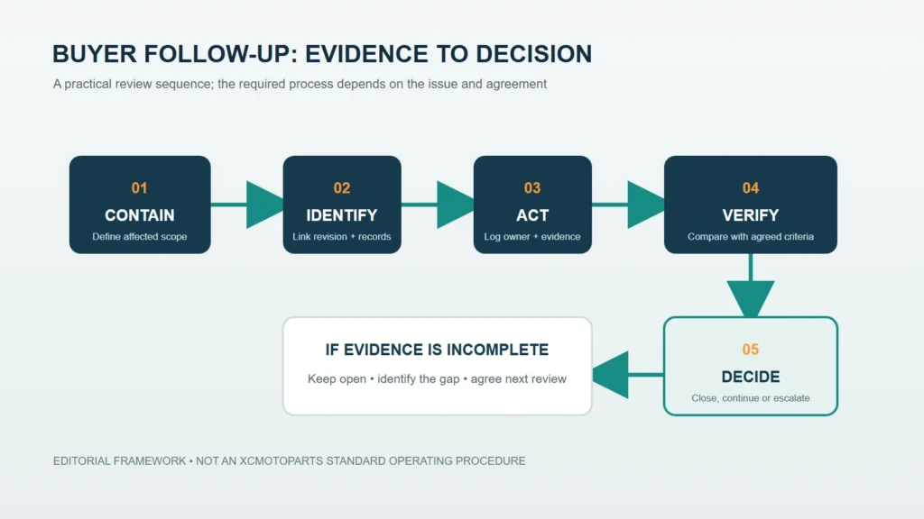 Buyer-side issue follow-up sequence from containment and identification through verification and decision